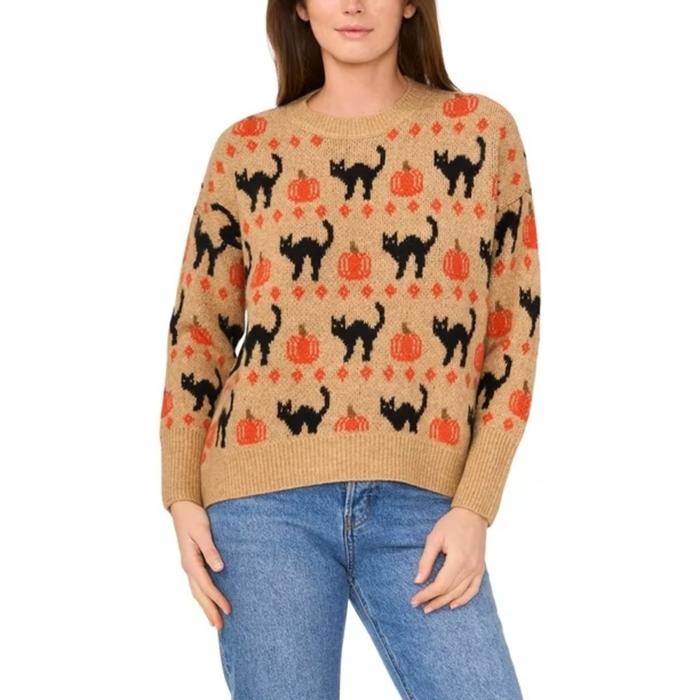 Vince Camuto Tan Sweater with Black Cats & Orange Pumpkins